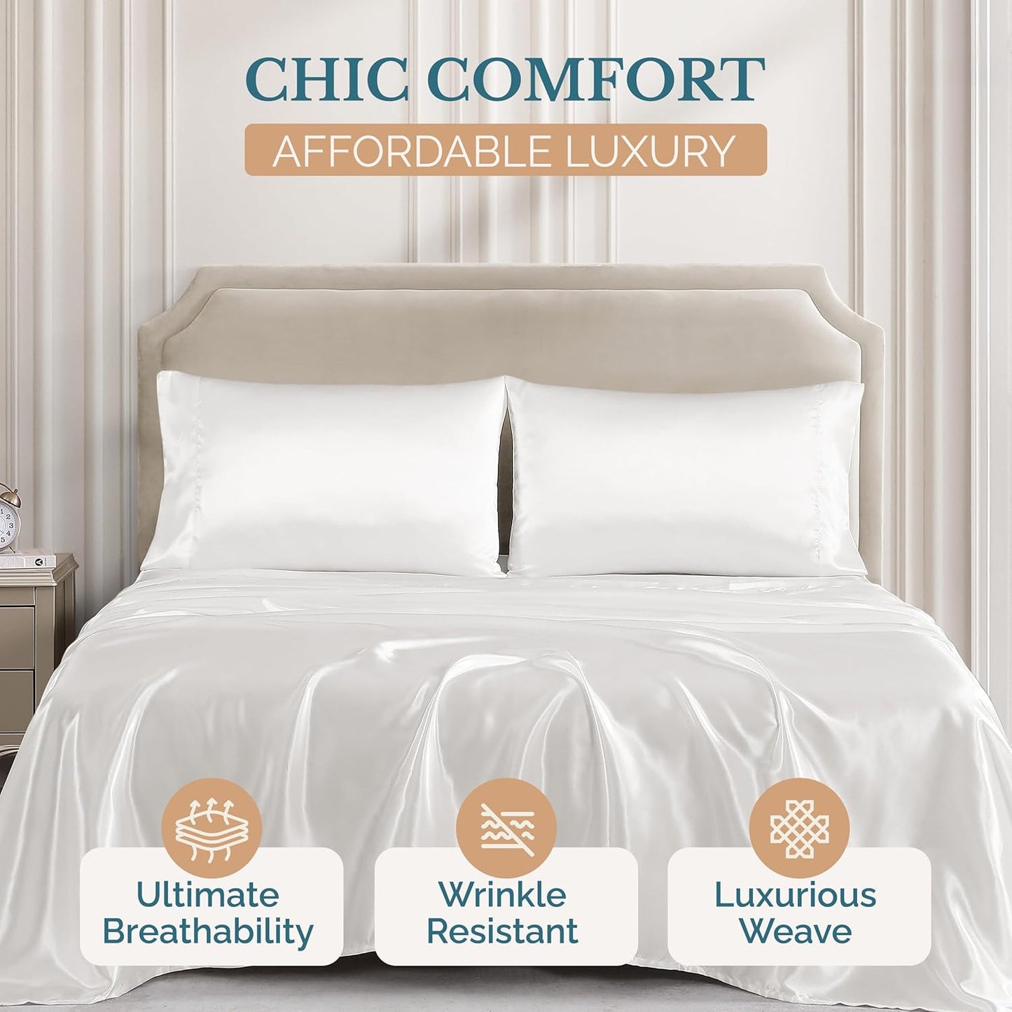 Casa Platino Satin Sheets King Size Set - 4 Pieces - Soft Like Silk - 1 Deep Pocket Fitted Sheet, 1 Flat Sheet & 2 King Pillowcases - Beneficial for Hair & Skin - Wrinke Free - White Bed Sheets Set