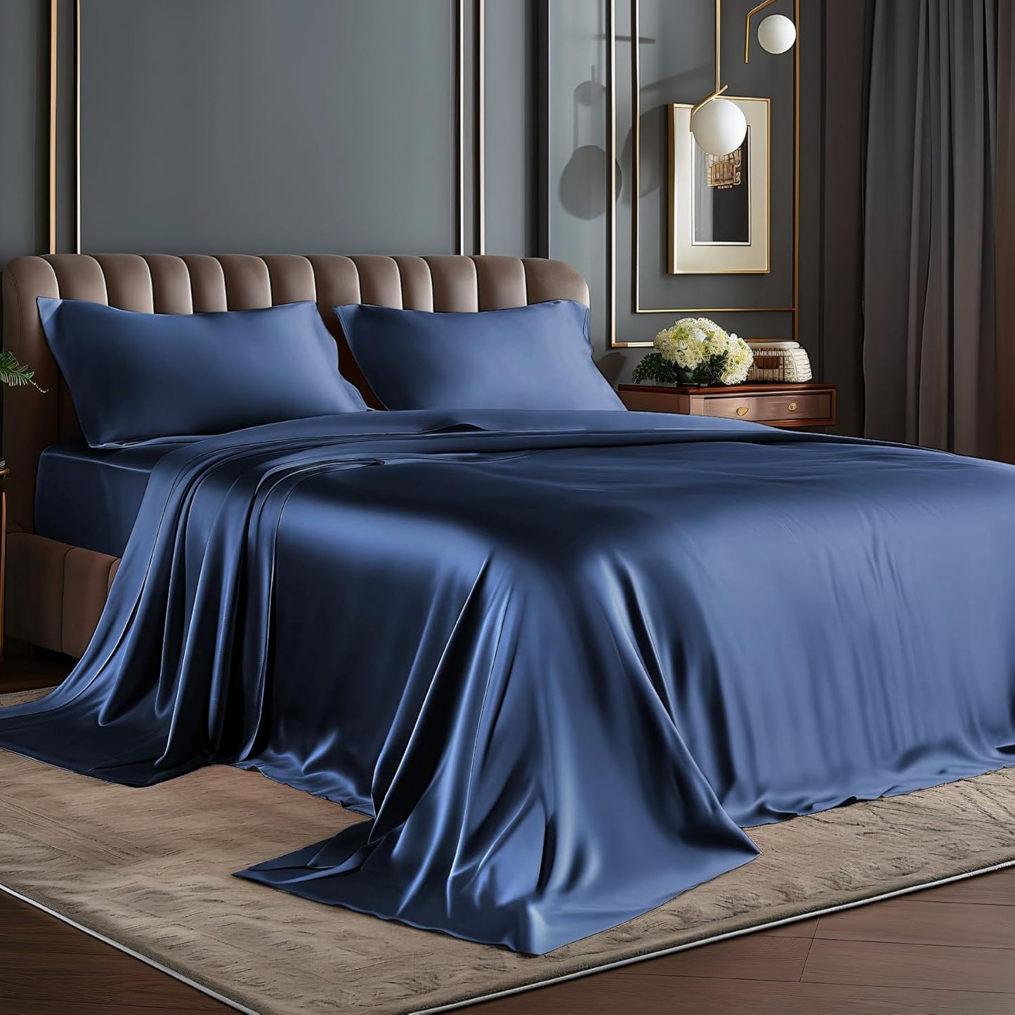 BEDELITE King Size Sheets Set, Luxury Soft Dark Grey Satin Sheets for Hair and Skin, Similar to Silk Bed Sheets Set 4 Pieces with 1 Deep Pocket Fitted Sheet, 1 Flat Sheet, and 2 Pillowcases