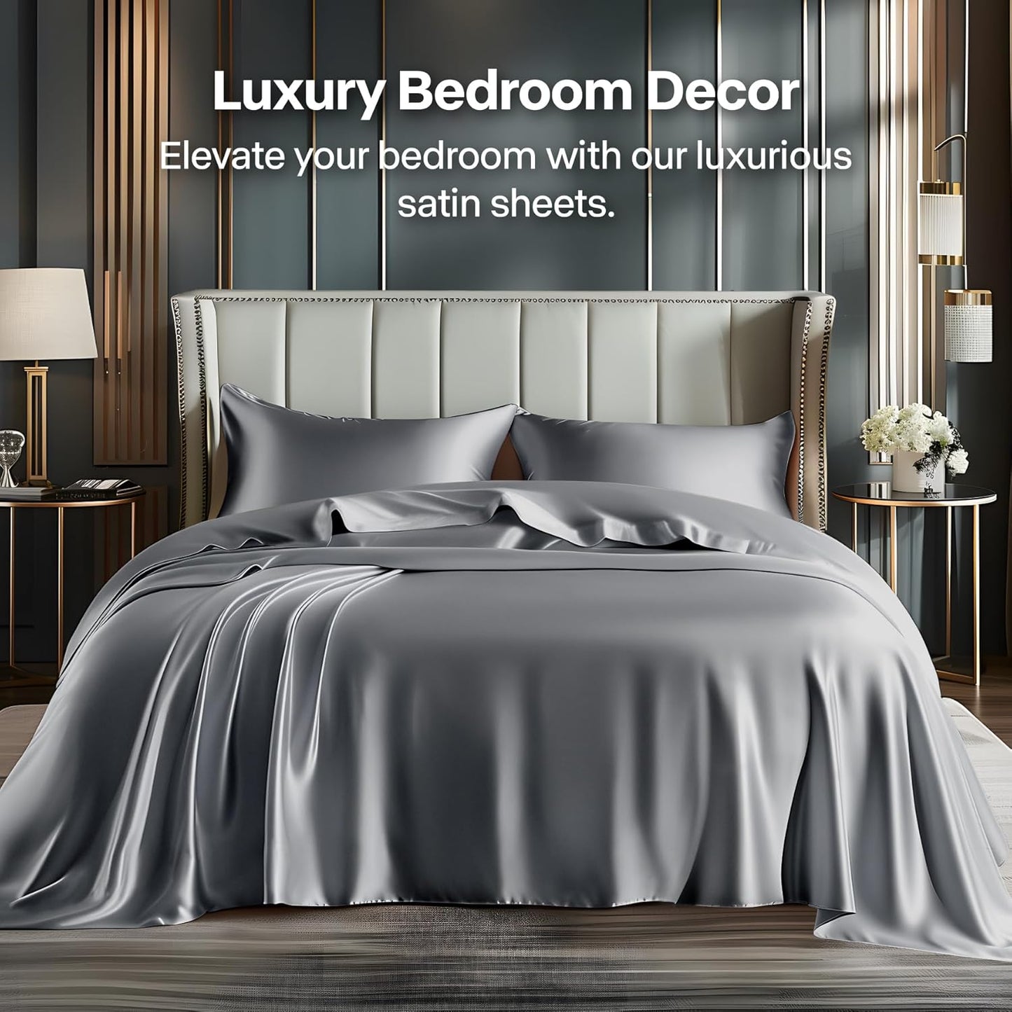 BEDELITE King Size Sheets Set, Luxury Soft Dark Grey Satin Sheets for Hair and Skin, Similar to Silk Bed Sheets Set 4 Pieces with 1 Deep Pocket Fitted Sheet, 1 Flat Sheet, and 2 Pillowcases
