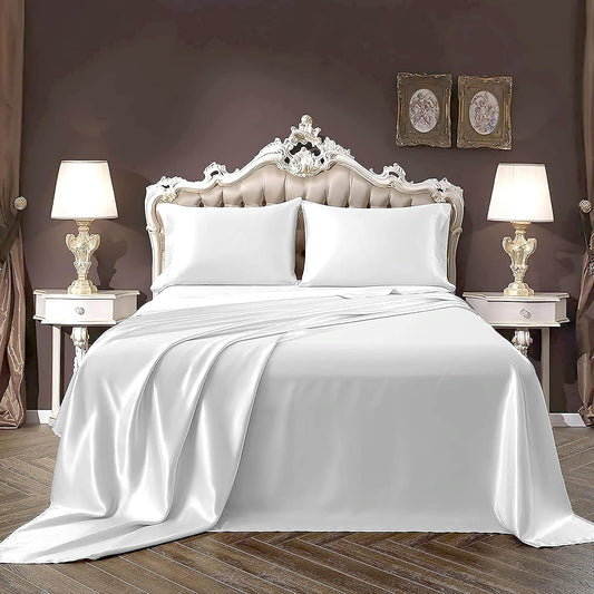 Pure Eco Silk Satin BedSheet Set 4 Piece Full XL Size (54x80)+ 16 Inch Deep Pocket White Color Cooling Soft and Silk Satin Sheets Full XL Size Bedding Set