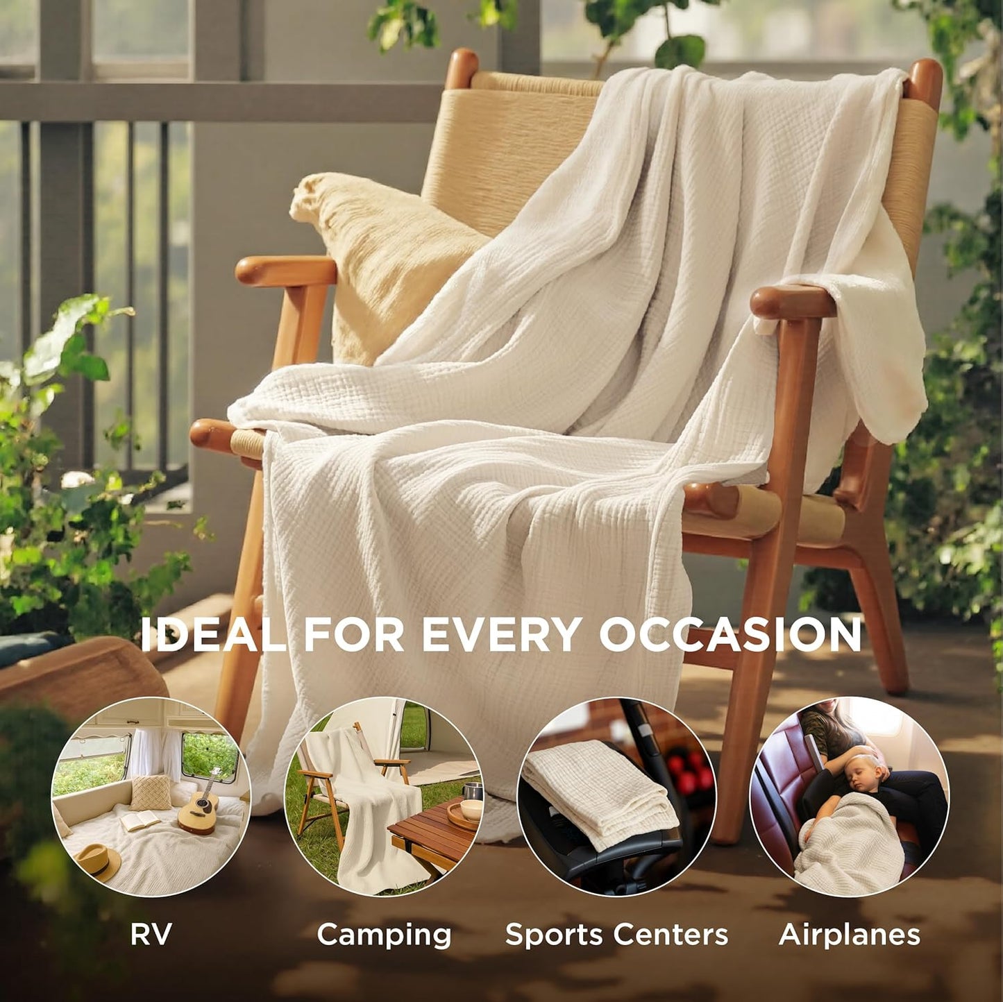 Bedsure 100% Cotton Muslin Throw Blanket Large 50x70 Inches - 4-Layer Breathable and Lightweight Thin Soft Summer Gauze Muslin Blankets for Adults, Linen Beige, Boho Cotton Throw for Couch