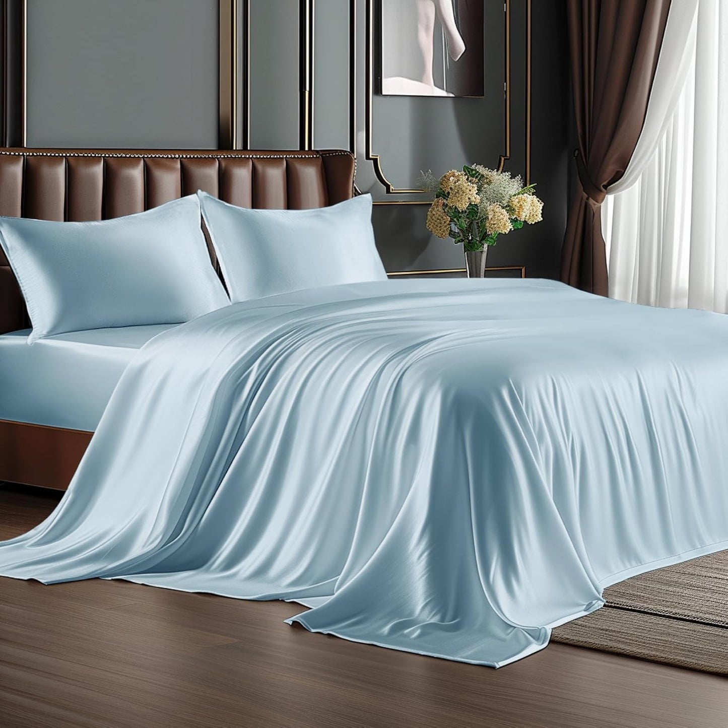 BEDELITE King Size Sheets Set, Luxury Soft Dark Grey Satin Sheets for Hair and Skin, Similar to Silk Bed Sheets Set 4 Pieces with 1 Deep Pocket Fitted Sheet, 1 Flat Sheet, and 2 Pillowcases