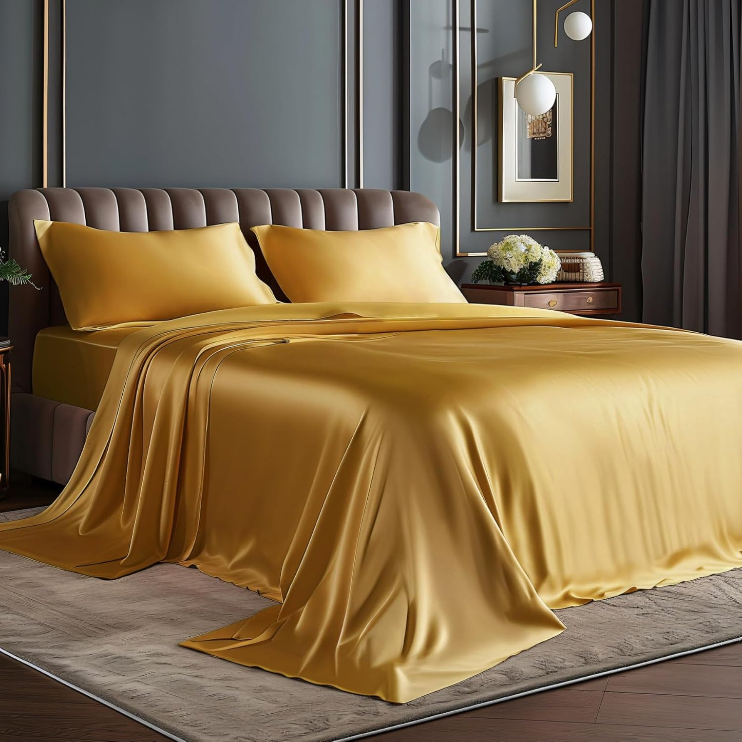BEDELITE King Size Sheets Set, Luxury Soft Dark Grey Satin Sheets for Hair and Skin, Similar to Silk Bed Sheets Set 4 Pieces with 1 Deep Pocket Fitted Sheet, 1 Flat Sheet, and 2 Pillowcases