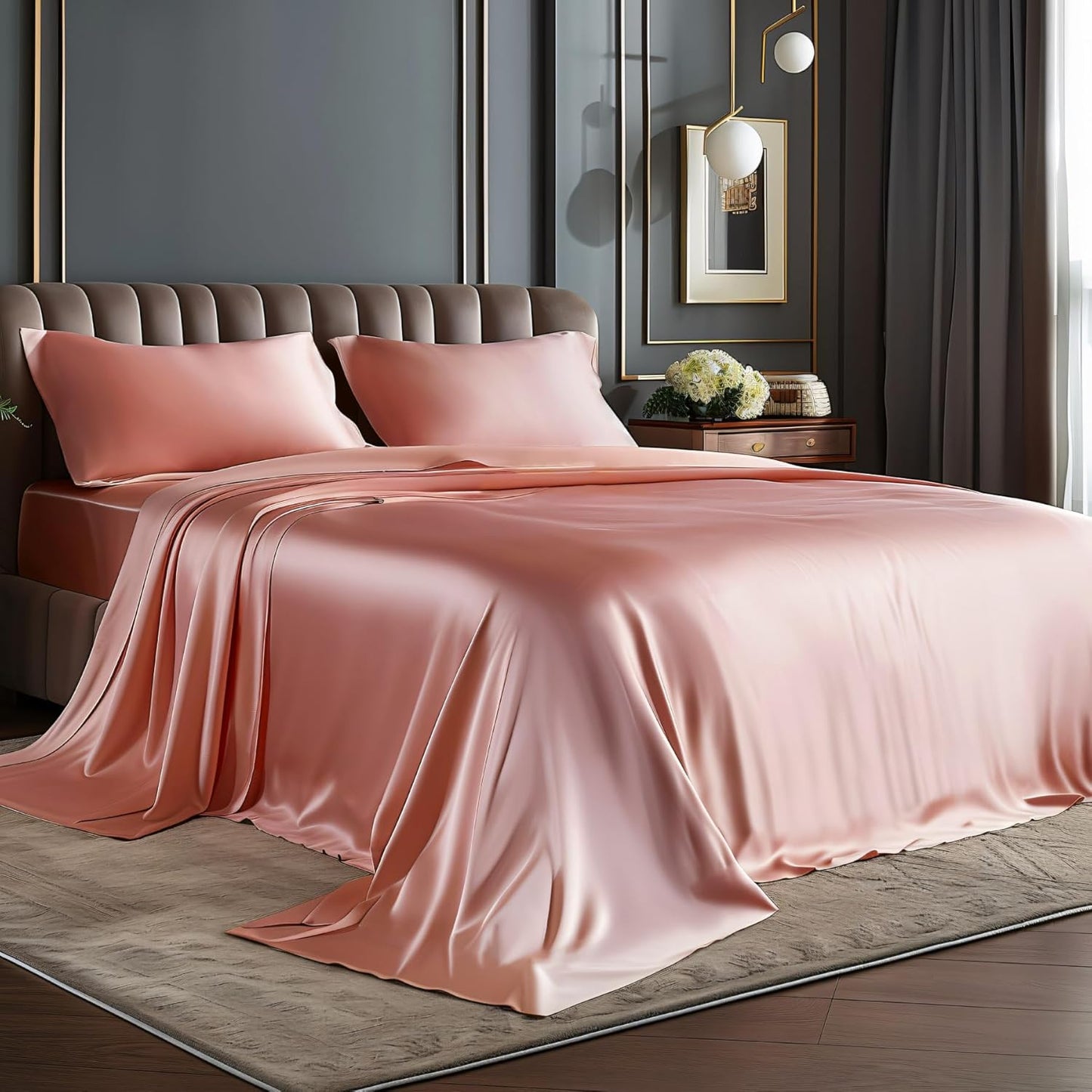 BEDELITE King Size Sheets Set, Luxury Soft Dark Grey Satin Sheets for Hair and Skin, Similar to Silk Bed Sheets Set 4 Pieces with 1 Deep Pocket Fitted Sheet, 1 Flat Sheet, and 2 Pillowcases