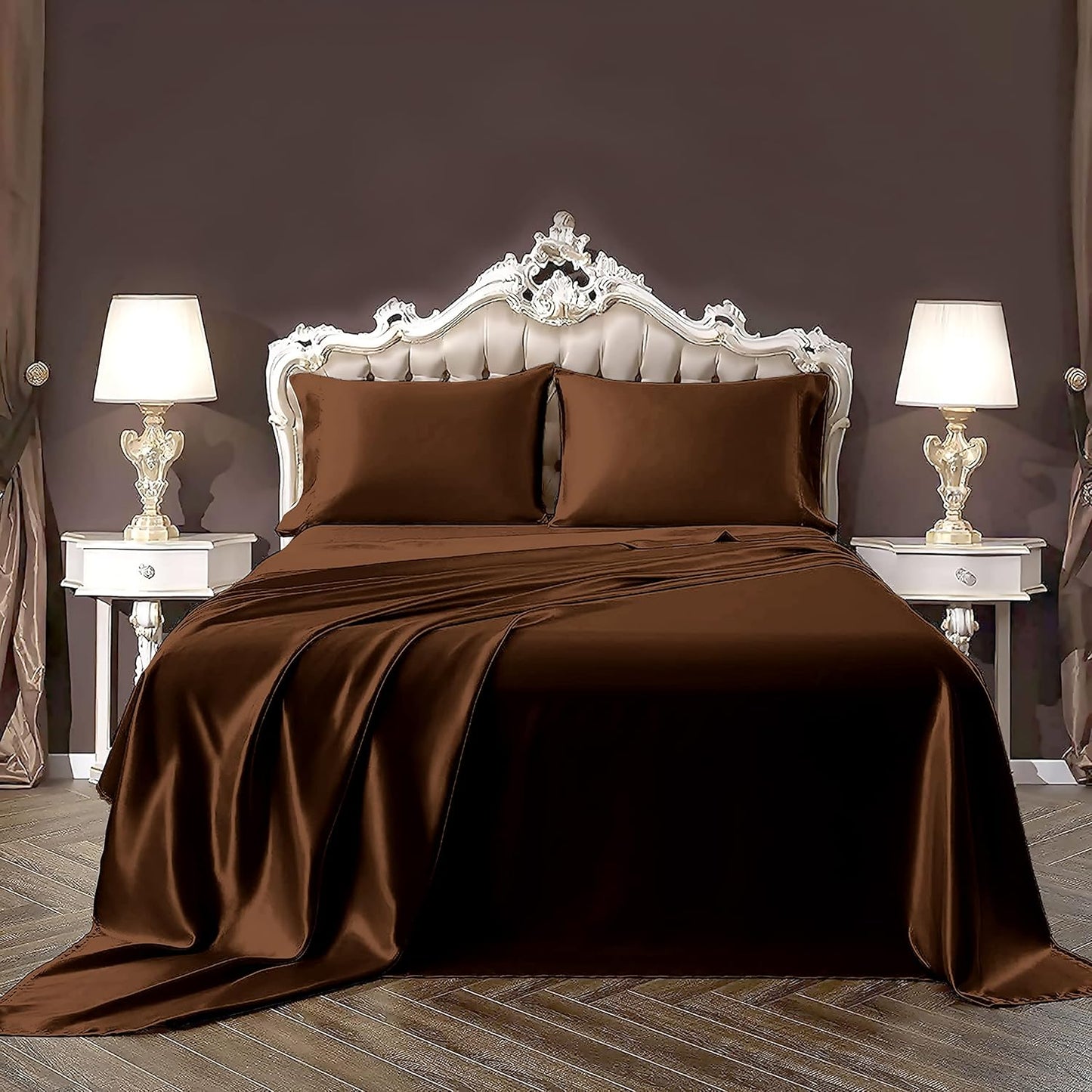 Pure Eco Silk Satin BedSheet Set 4 Piece Full XL Size (54x80)+ 16 Inch Deep Pocket White Color Cooling Soft and Silk Satin Sheets Full XL Size Bedding Set