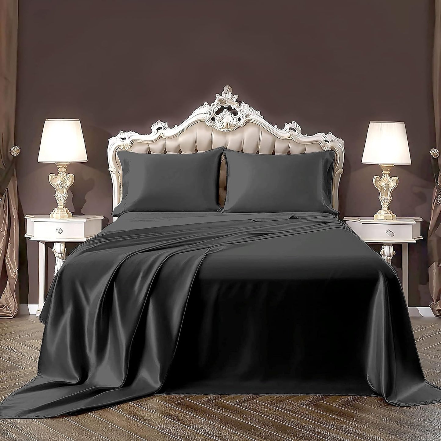 Pure Eco Silk Satin BedSheet Set 4 Piece Full XL Size (54x80)+ 16 Inch Deep Pocket White Color Cooling Soft and Silk Satin Sheets Full XL Size Bedding Set