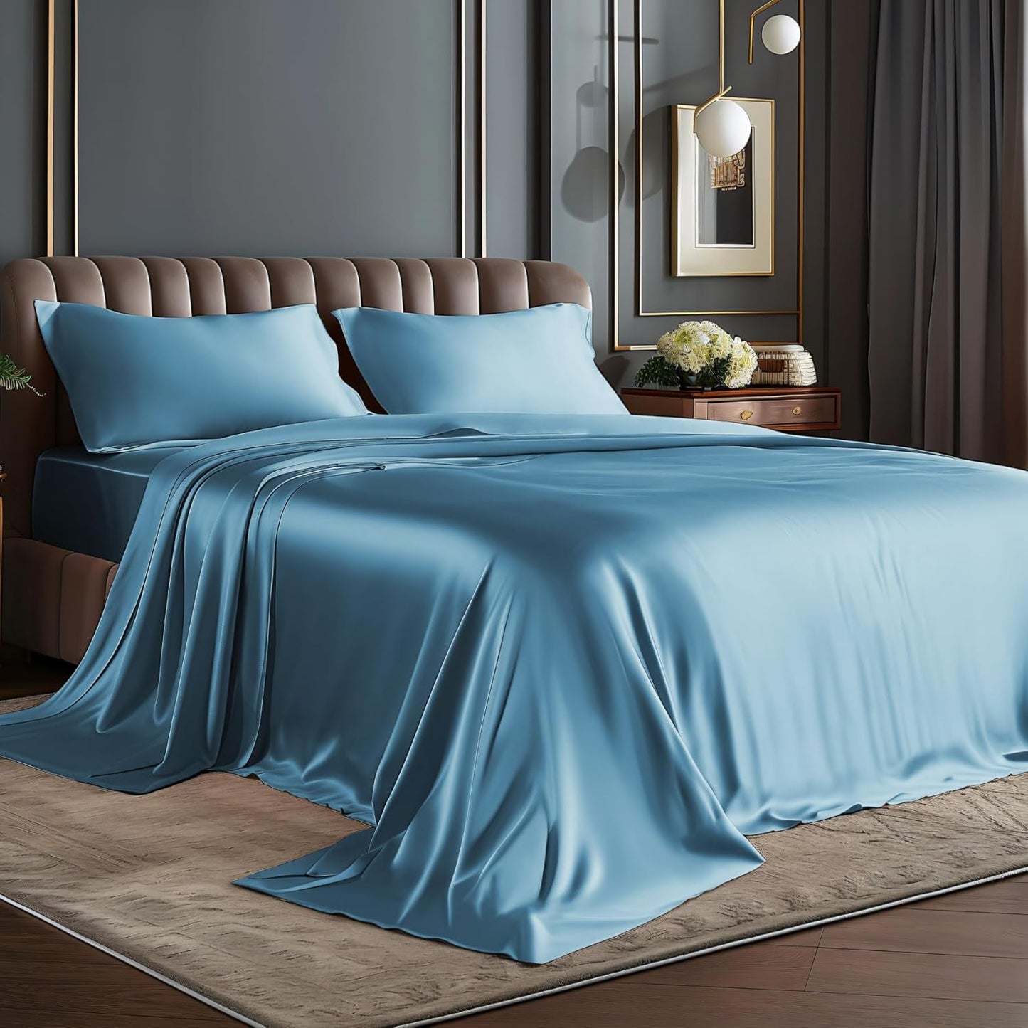 BEDELITE King Size Sheets Set, Luxury Soft Dark Grey Satin Sheets for Hair and Skin, Similar to Silk Bed Sheets Set 4 Pieces with 1 Deep Pocket Fitted Sheet, 1 Flat Sheet, and 2 Pillowcases