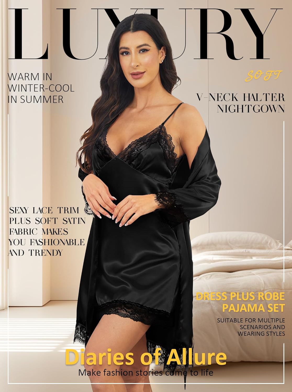 Hellomamma Women's Silk Pajama Set: 4-Piece Satin Robe Lingerie Sexy Sleepwear Lounge Set for Brida Wife Girlfriend