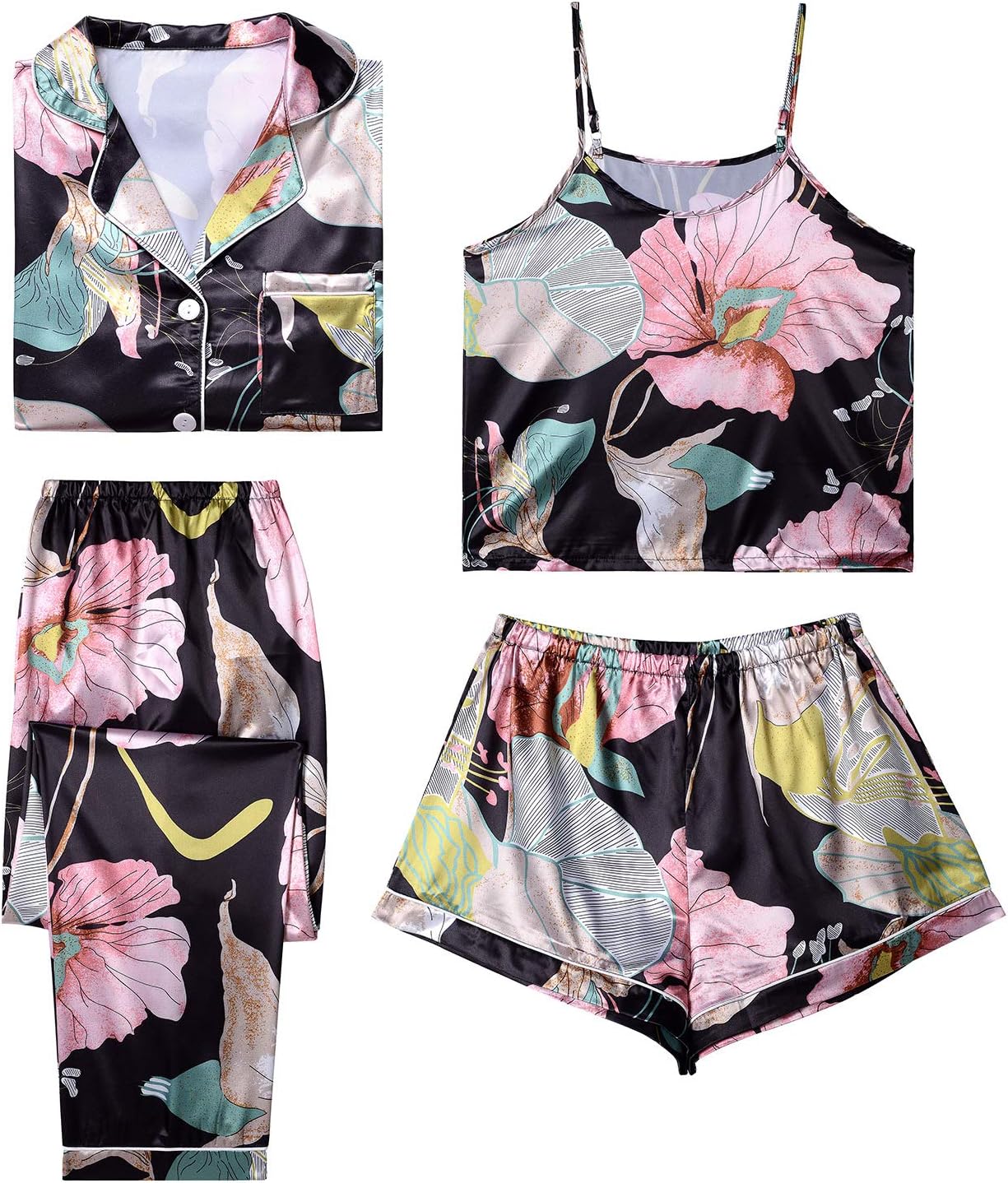 LYANER Women's Pajamas Set 4 pcs Satin Silk Cami Top Button Down Loungewear Pjs Set