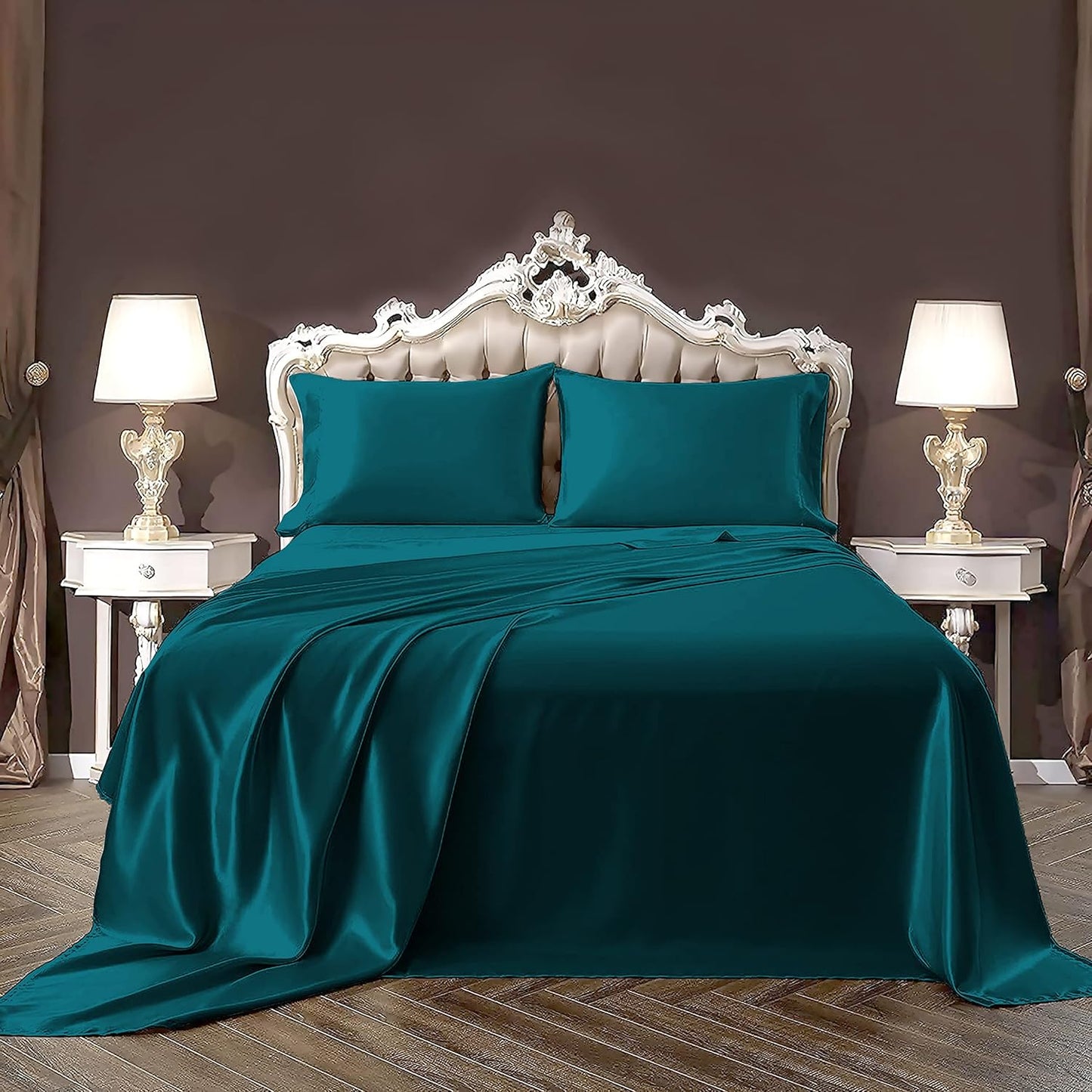 Pure Eco Silk Satin BedSheet Set 4 Piece Full XL Size (54x80)+ 16 Inch Deep Pocket White Color Cooling Soft and Silk Satin Sheets Full XL Size Bedding Set
