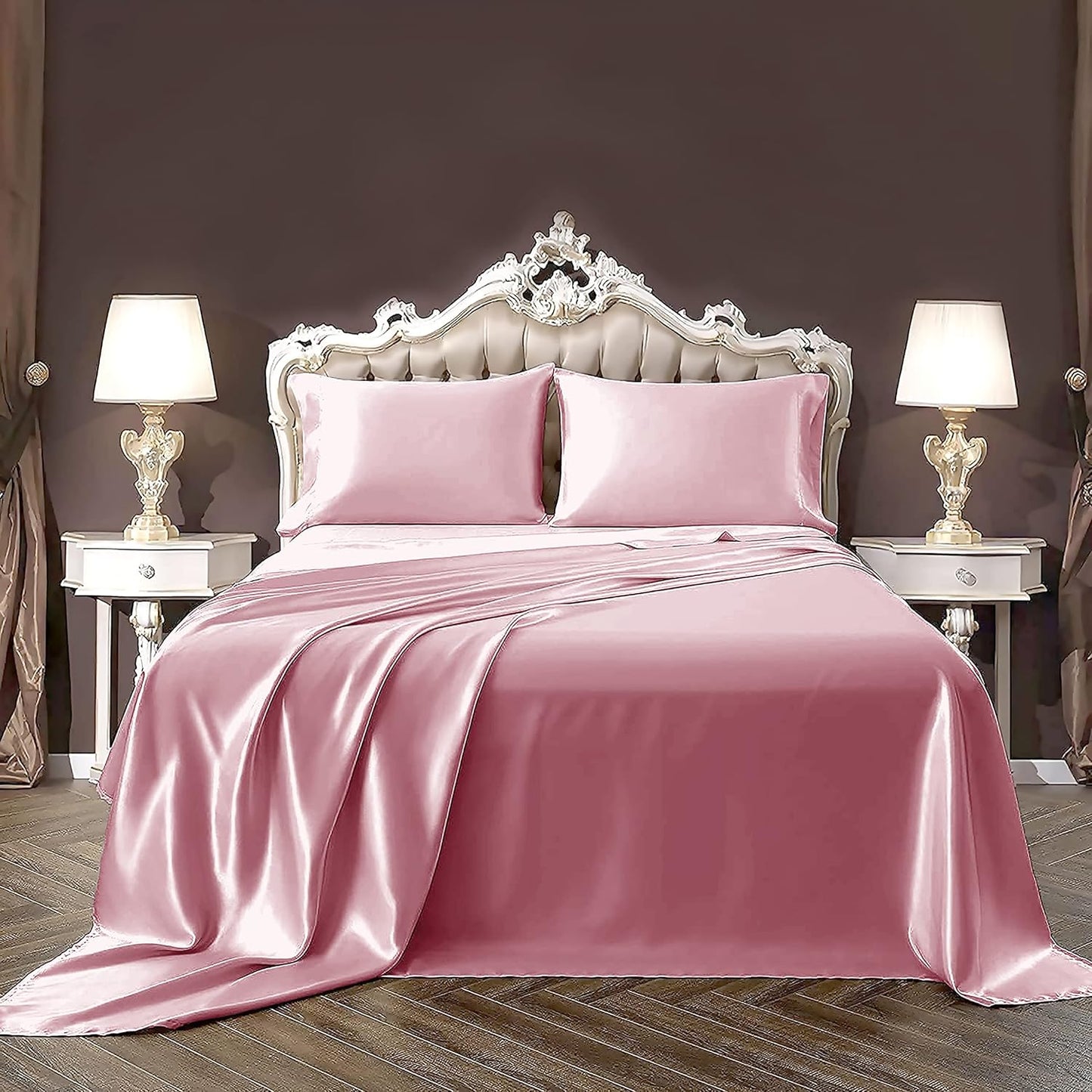 Pure Eco Silk Satin BedSheet Set 4 Piece Full XL Size (54x80)+ 16 Inch Deep Pocket White Color Cooling Soft and Silk Satin Sheets Full XL Size Bedding Set