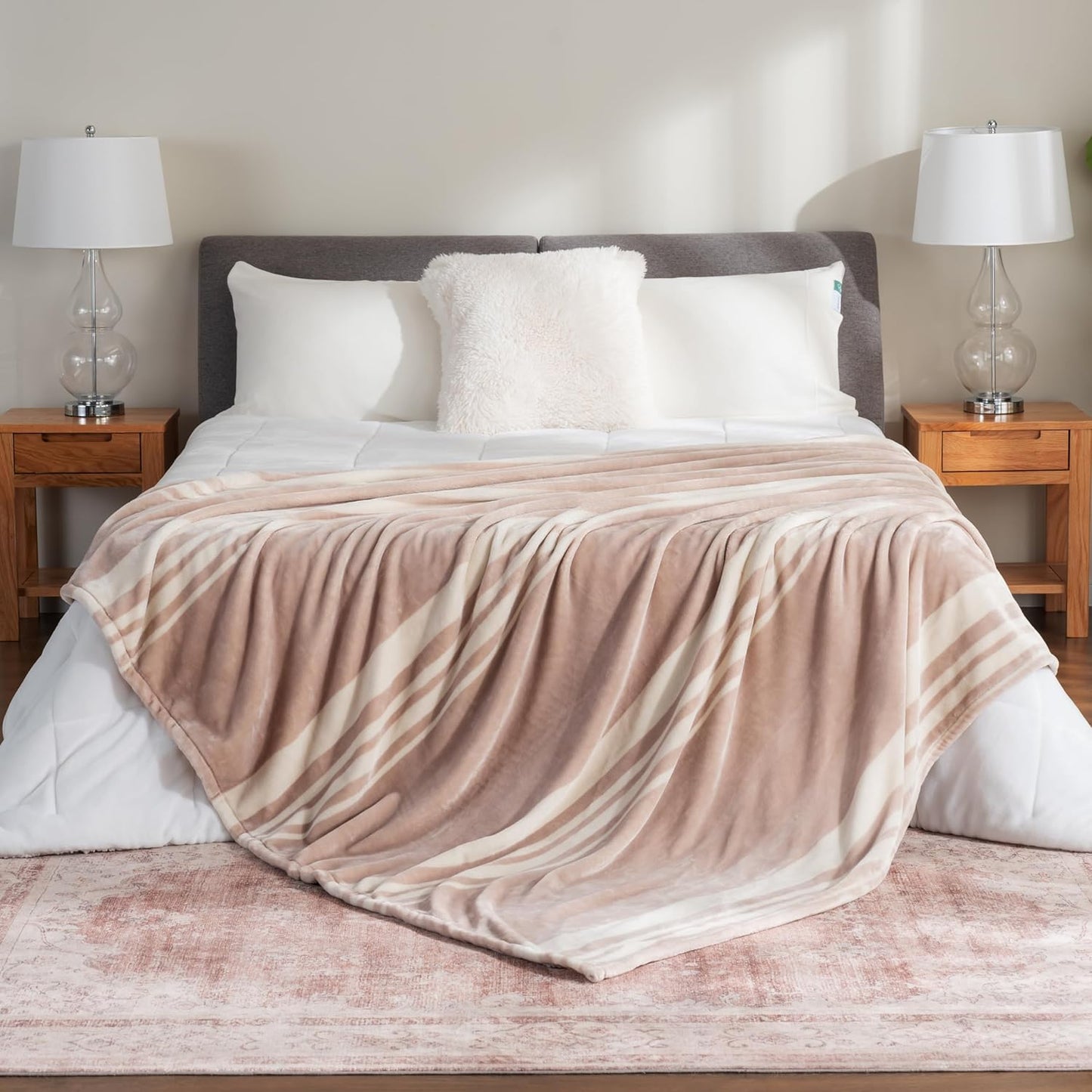 Berkshire Blanket-Classic Heavyweight Soft Printed VelvetLoft® Plush Blanket, Full/Queen Size Soft Fuzzy Warm Blanket for Couch Sofa Bed, Stripe Cream, 90in x 90in