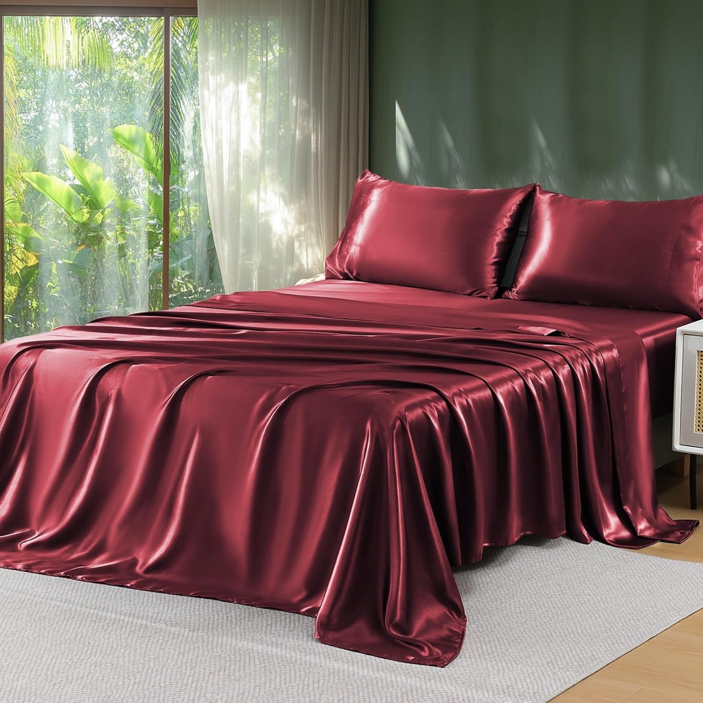 Sasttie Satin Sheets Queen Size - 4 Pieces Luxury Soft Black Silky Bed Sheets Set with Pillowcases - Smooth Silk-Like Satin Fabric, Reinforced 14 Inches Pocket, Oeko-Tex Certified
