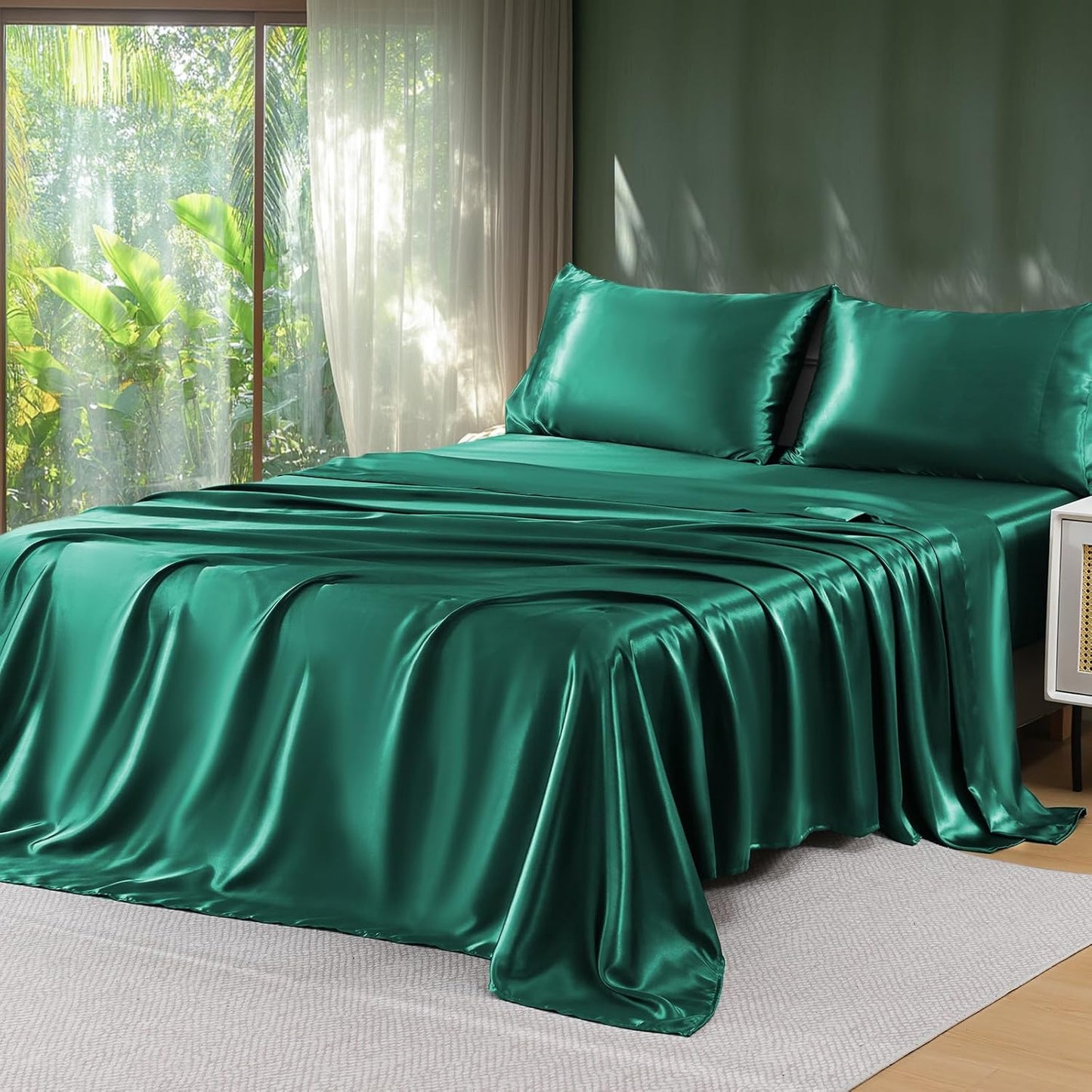 Sasttie Satin Sheets Queen Size - 4 Pieces Luxury Soft Black Silky Bed Sheets Set with Pillowcases - Smooth Silk-Like Satin Fabric, Reinforced 14 Inches Pocket, Oeko-Tex Certified