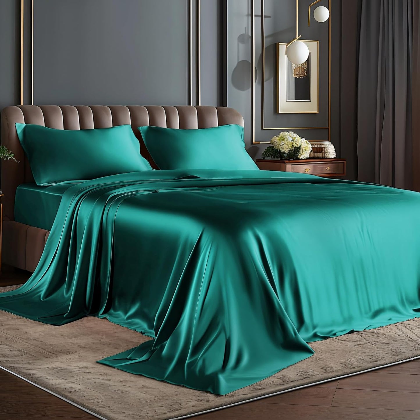 BEDELITE King Size Sheets Set, Luxury Soft Dark Grey Satin Sheets for Hair and Skin, Similar to Silk Bed Sheets Set 4 Pieces with 1 Deep Pocket Fitted Sheet, 1 Flat Sheet, and 2 Pillowcases