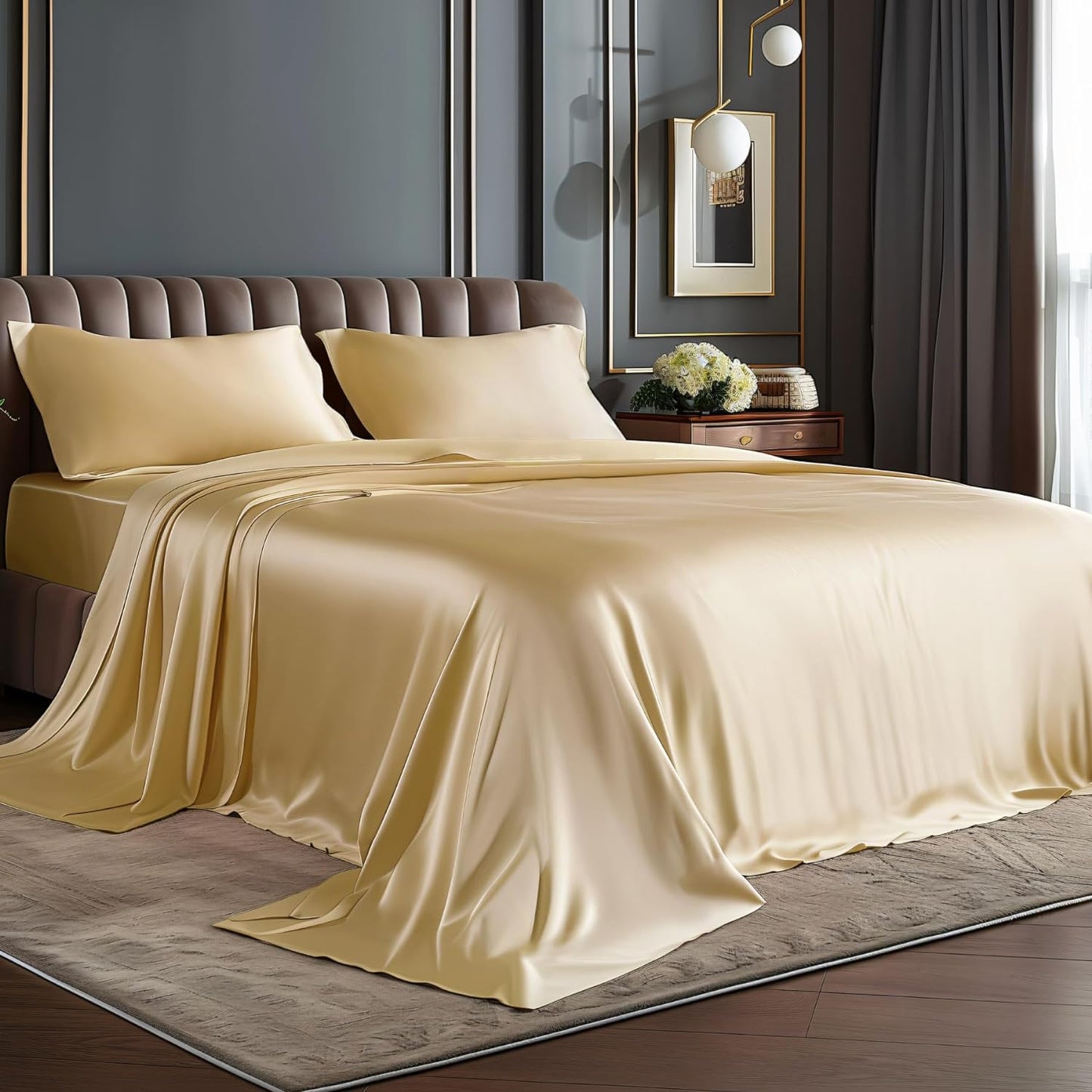 BEDELITE King Size Sheets Set, Luxury Soft Dark Grey Satin Sheets for Hair and Skin, Similar to Silk Bed Sheets Set 4 Pieces with 1 Deep Pocket Fitted Sheet, 1 Flat Sheet, and 2 Pillowcases