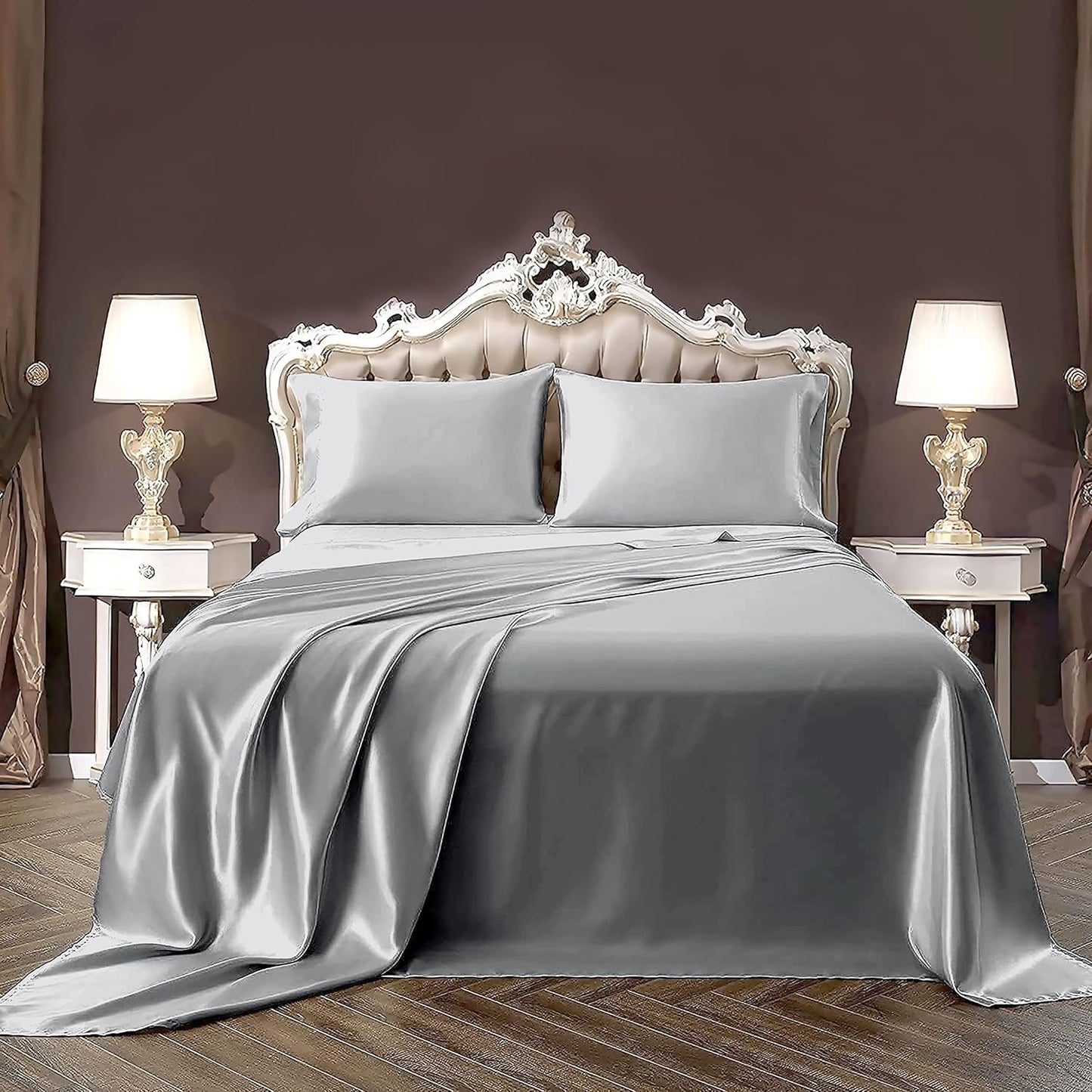 Pure Eco Silk Satin BedSheet Set 4 Piece Full XL Size (54x80)+ 16 Inch Deep Pocket White Color Cooling Soft and Silk Satin Sheets Full XL Size Bedding Set
