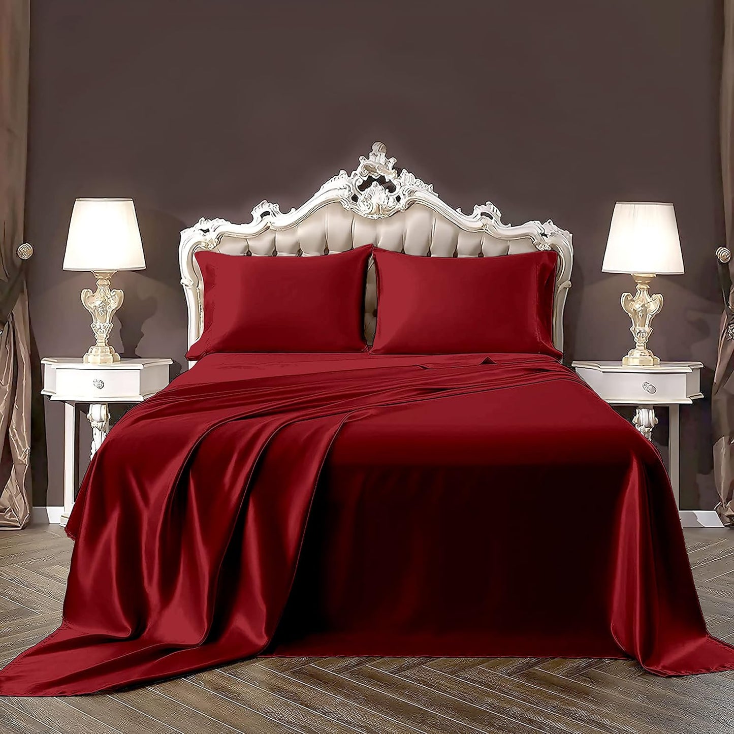 Pure Eco Silk Satin BedSheet Set 4 Piece Full XL Size (54x80)+ 16 Inch Deep Pocket White Color Cooling Soft and Silk Satin Sheets Full XL Size Bedding Set
