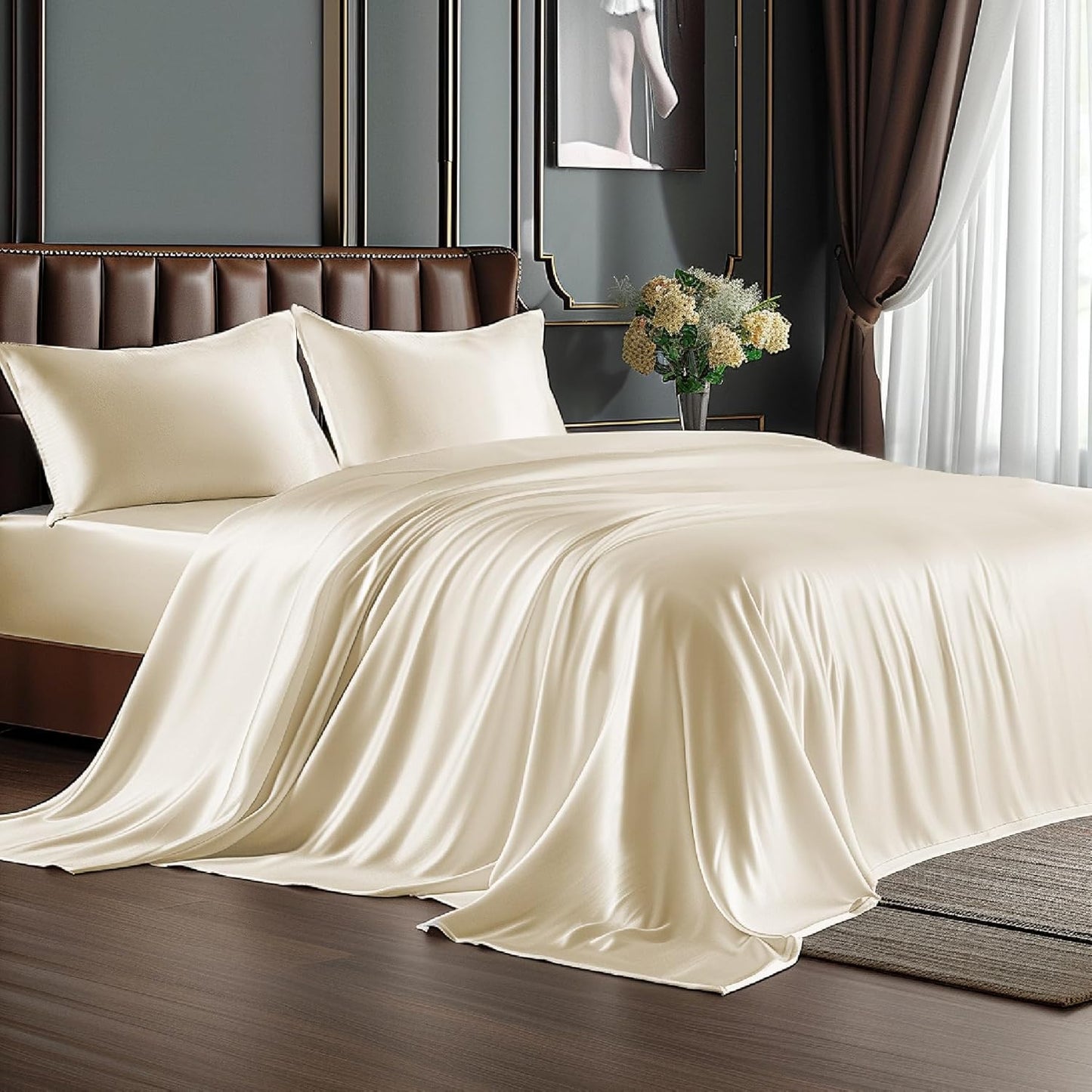 BEDELITE King Size Sheets Set, Luxury Soft Dark Grey Satin Sheets for Hair and Skin, Similar to Silk Bed Sheets Set 4 Pieces with 1 Deep Pocket Fitted Sheet, 1 Flat Sheet, and 2 Pillowcases
