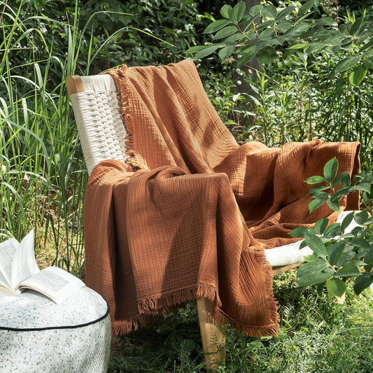 MooMee Muslin Blanket - 100% Cotton 4-Layer Gauze Throw Blanket with All-Around Fringe, Ultra-Soft Breathable Lightweight Cooling Decorative for Bed, Sofa & Couch (Drak Orange,Twin XL 66" x 90")