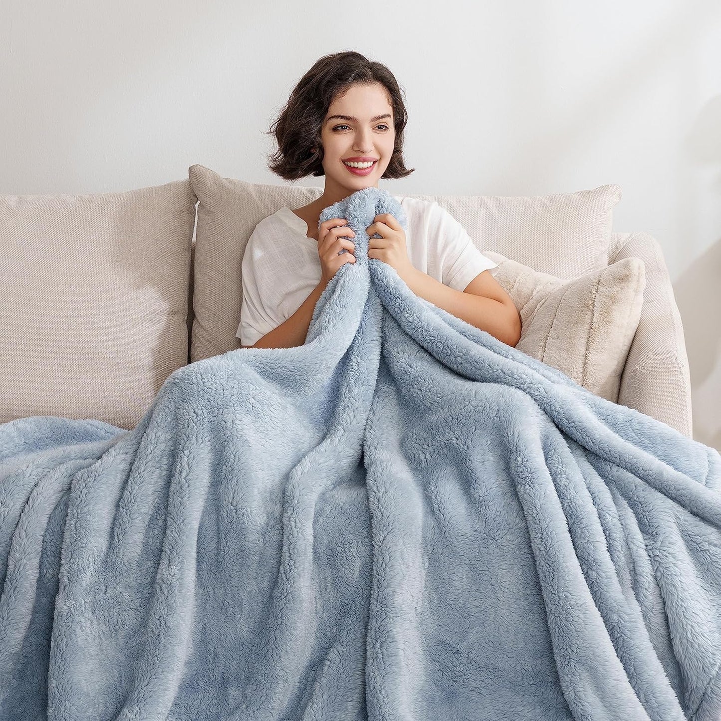 Berkshire Blanket Classic Extra-Fluffy™ Plush Throw Blanket, Soft Fuzzy Fluffy Long Hair Throw Blanket for Couch Sofa Bed, Blue Mist, 50x60 Inches
